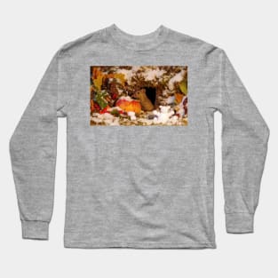 winter mouse in the snow with apple autumn christmas Long Sleeve T-Shirt